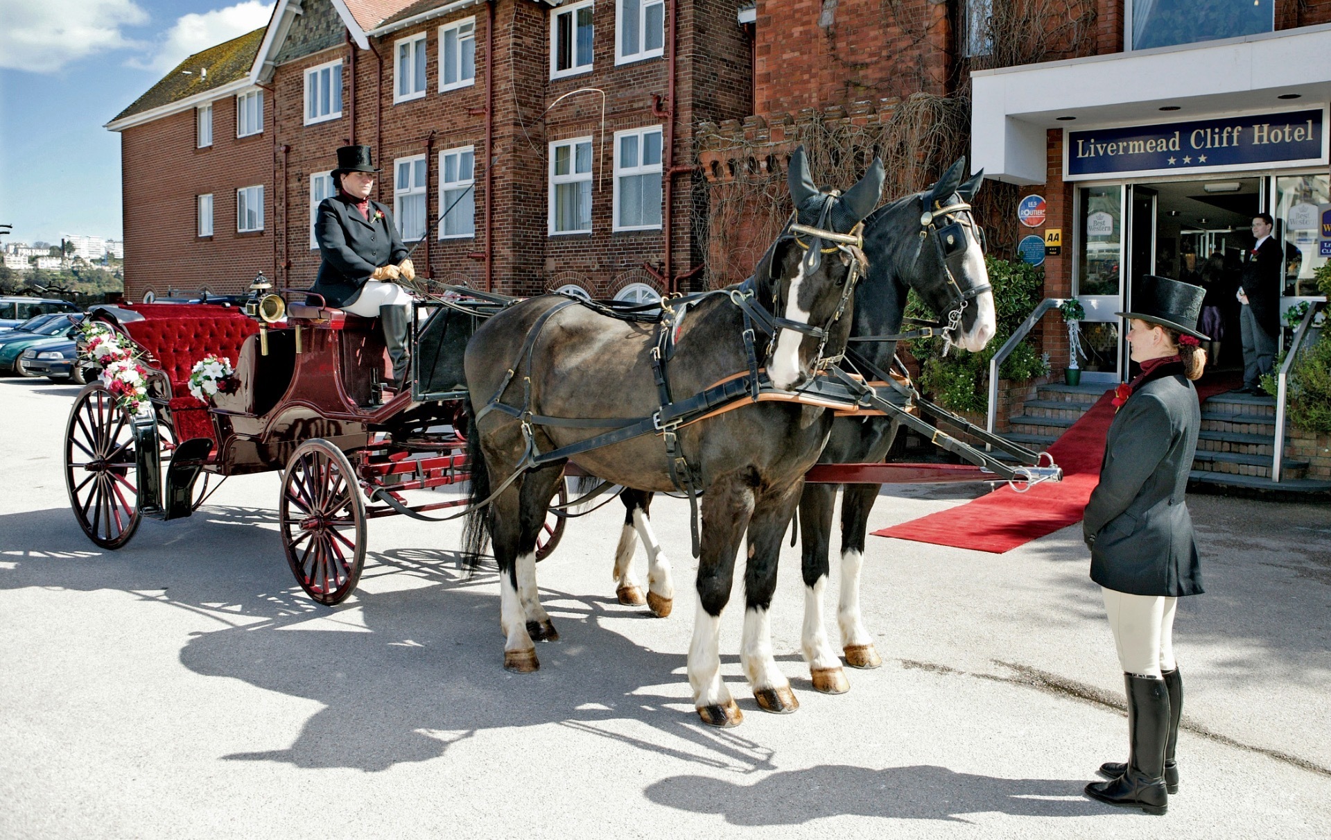 A coach and horses for the wedding party outside of the Livermead Cliff Hotel in Torquay
