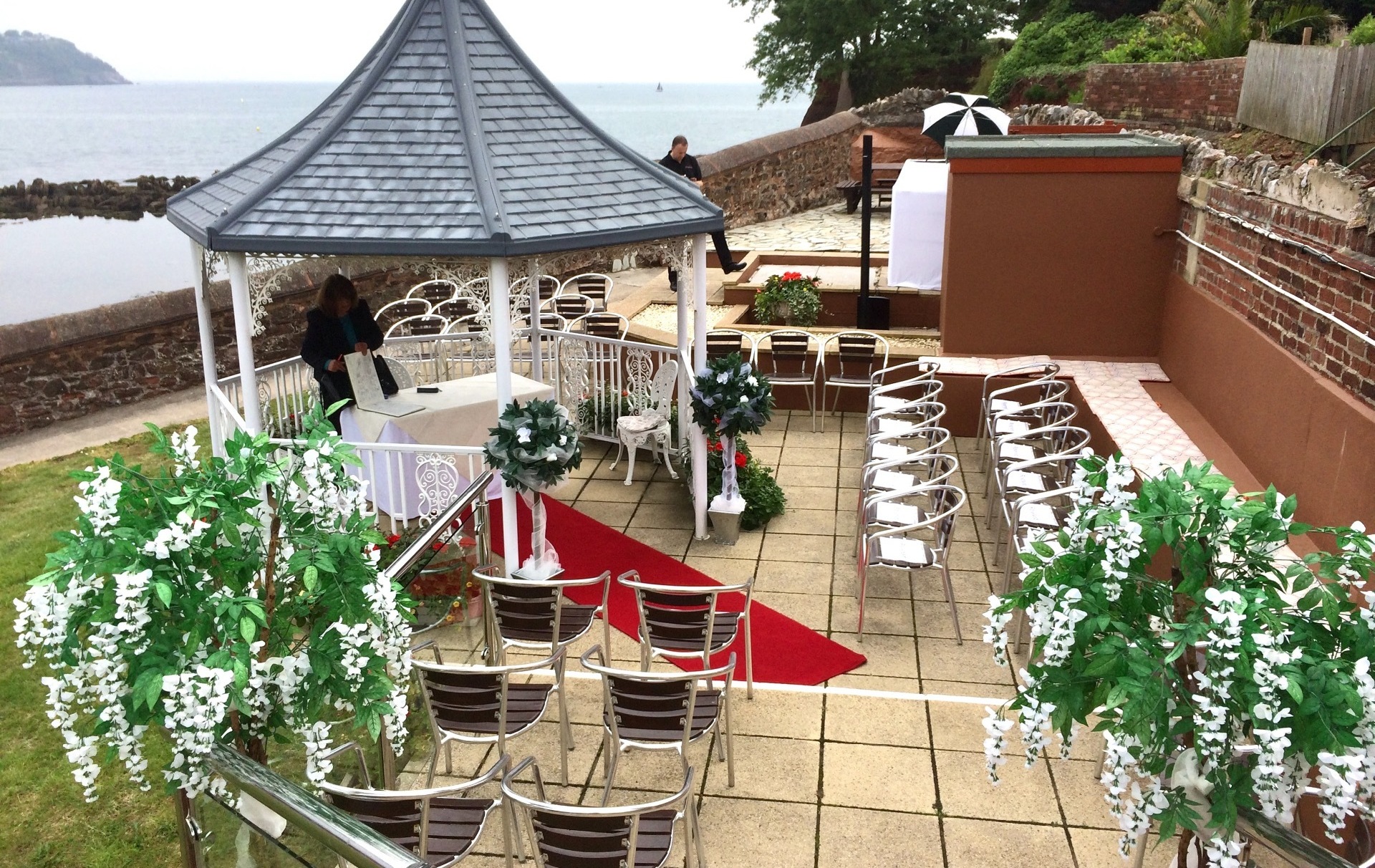 Wedding gazebo setup for a wedding ceremony outside on sun terrace